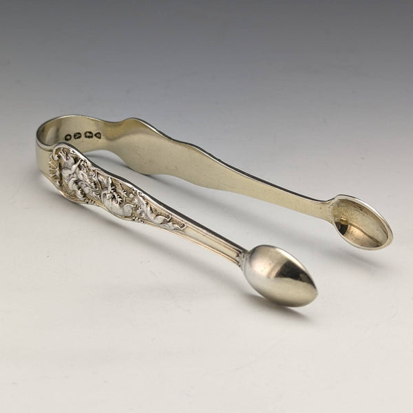 1876 British Antique Sterling Silver Sugar Tong Relief Sculpture